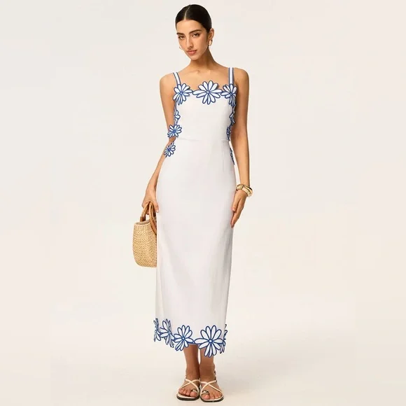 Commense Semi-Sheer Floral Embroidery Back Bow Maxi Dress - Picture 3 of 17